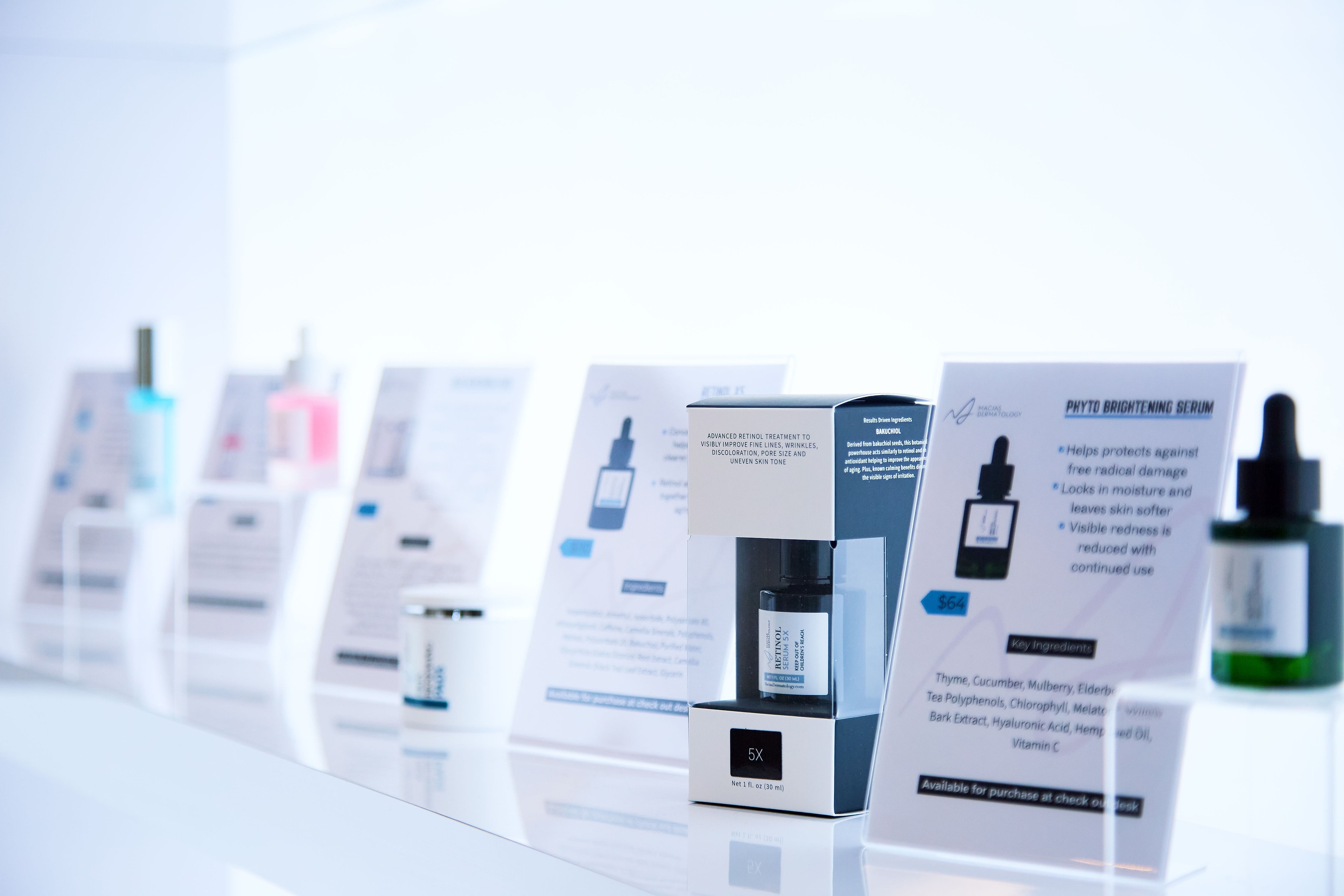 The medical-grade skincare line displayed in the clinic