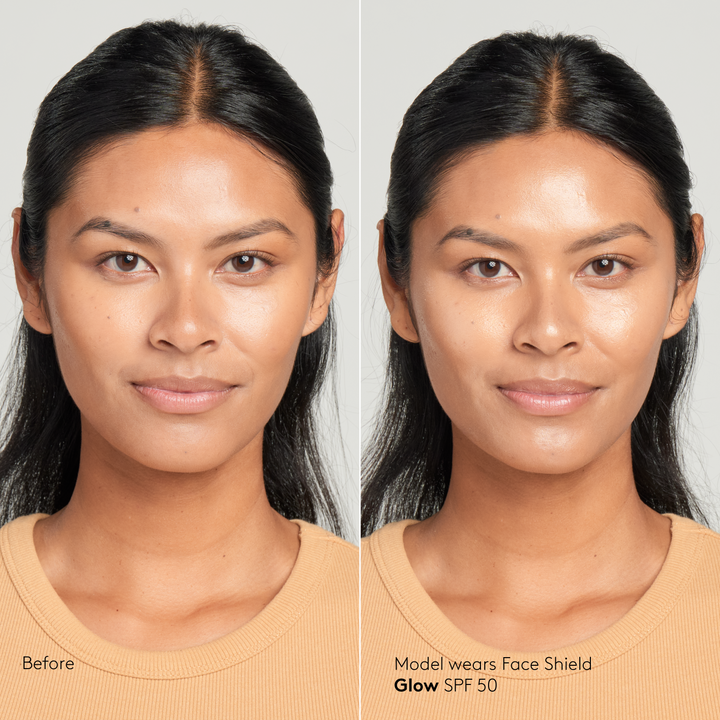 Model with tan skin tone wearing Sunforgettable® Total Protection™ Face Shield Glow SPF 50 before and after || all