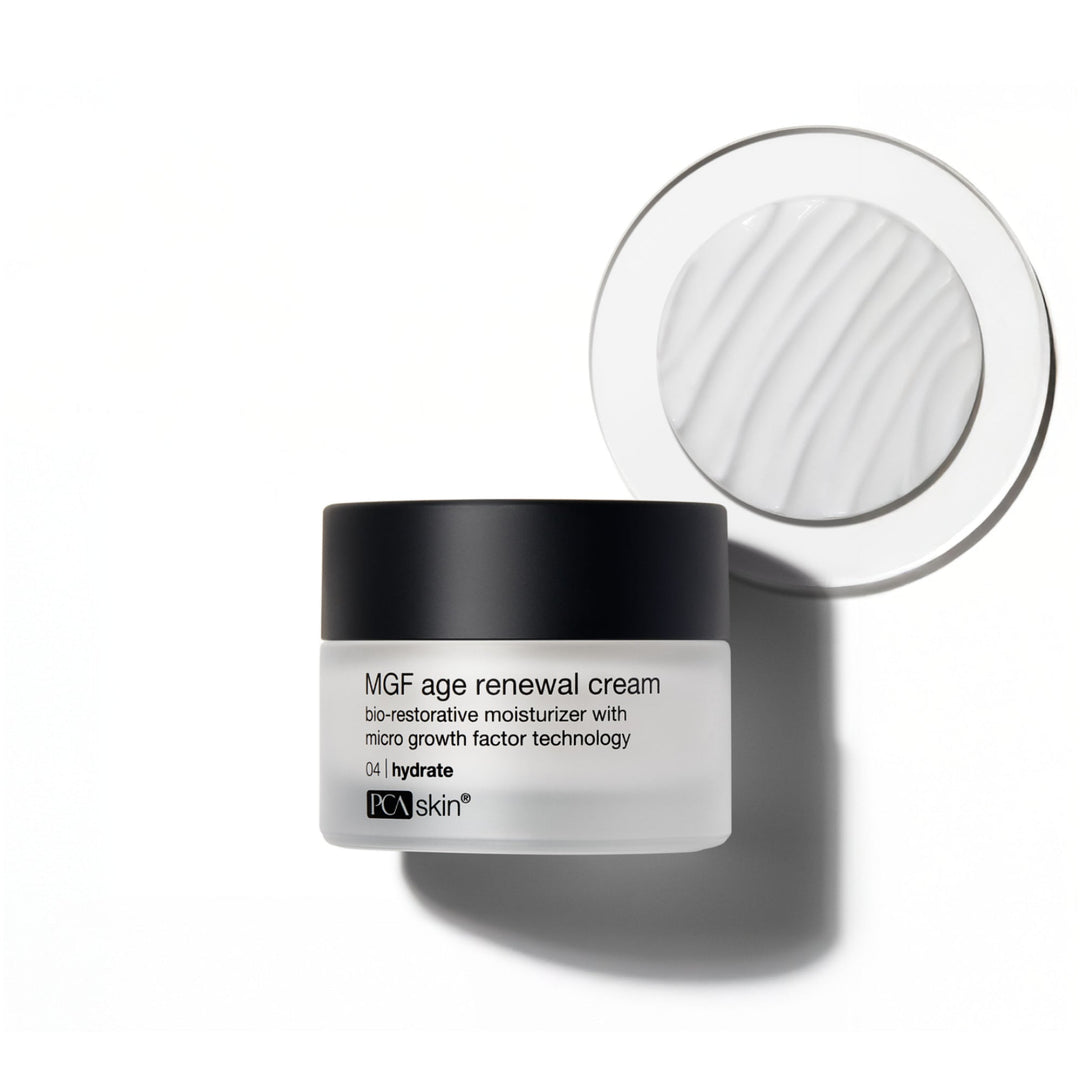PCA SKIN MGF Age Renewal Cream jar with product swatch on a white background